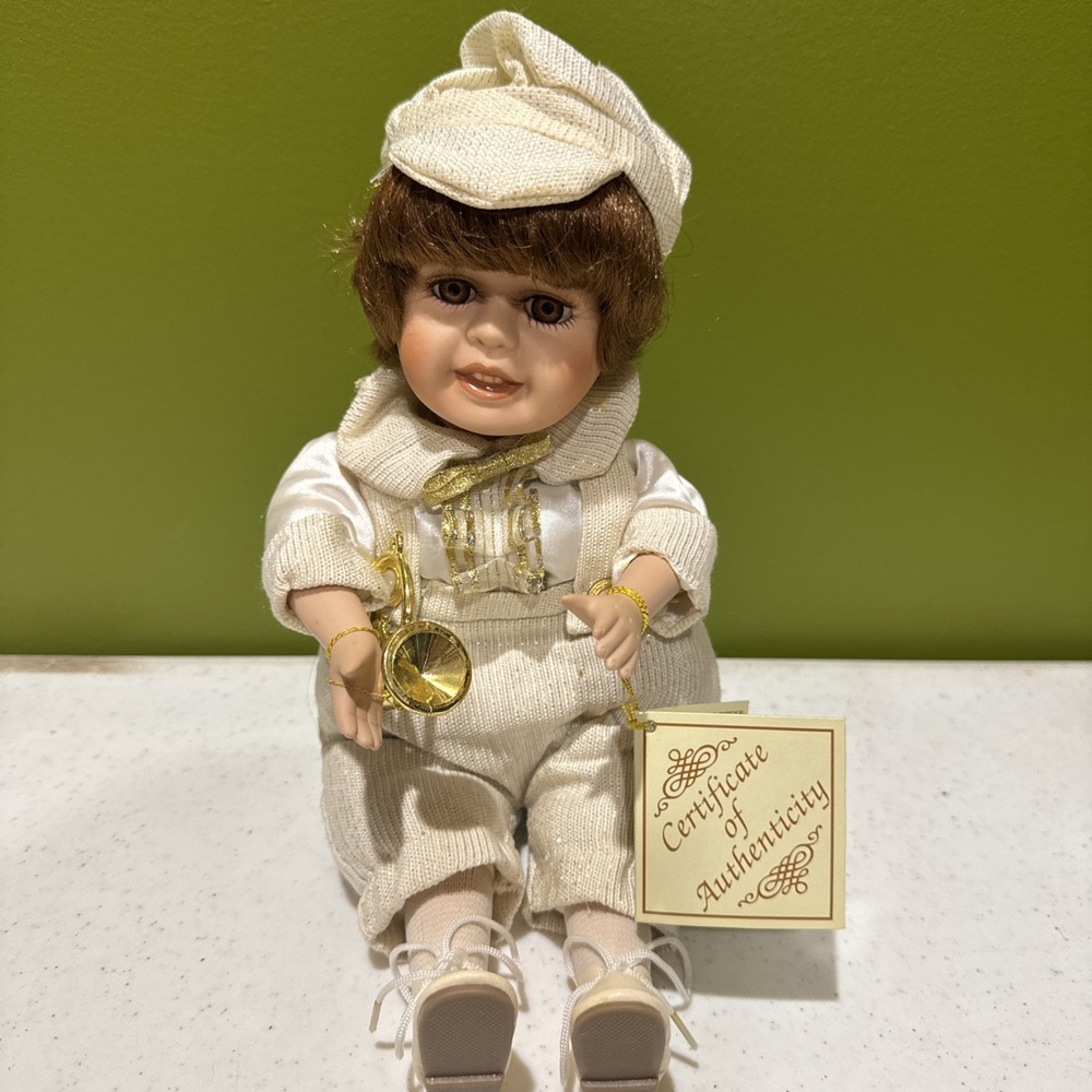 DanDee Collector's Choice Music Box Porcelain Doll with French Horn Vintage Boy